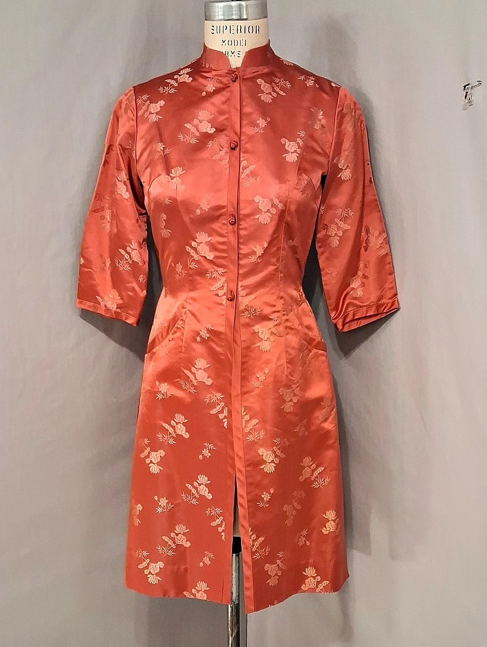 Vintage Deep Coral Pink Satin Duster Jacket by Dynasty Hong Kong Tunic w Pockets